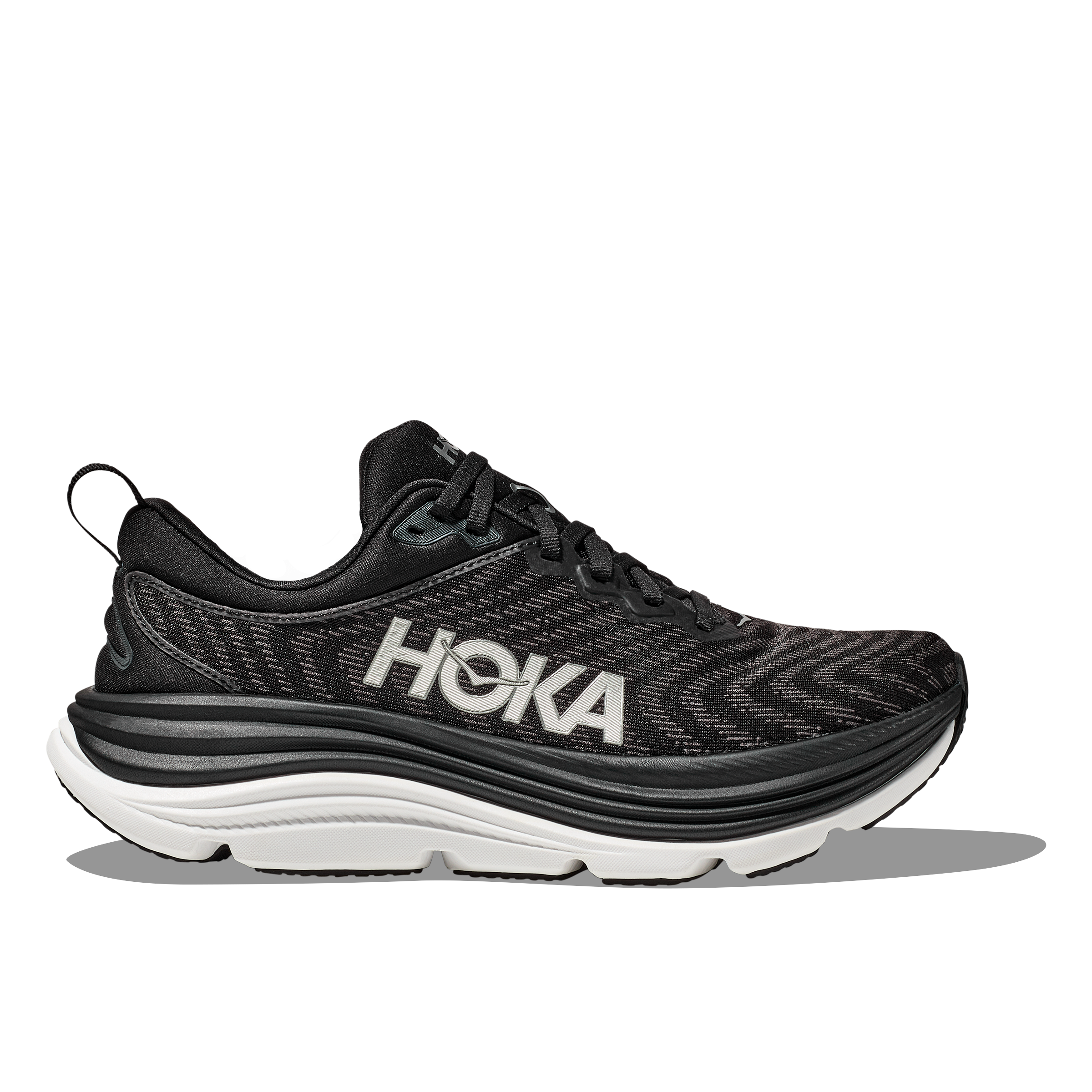 Black Hoka Gaviota running shoe with a textured mesh upper, bold white logo, and a thick, supportive white sole.