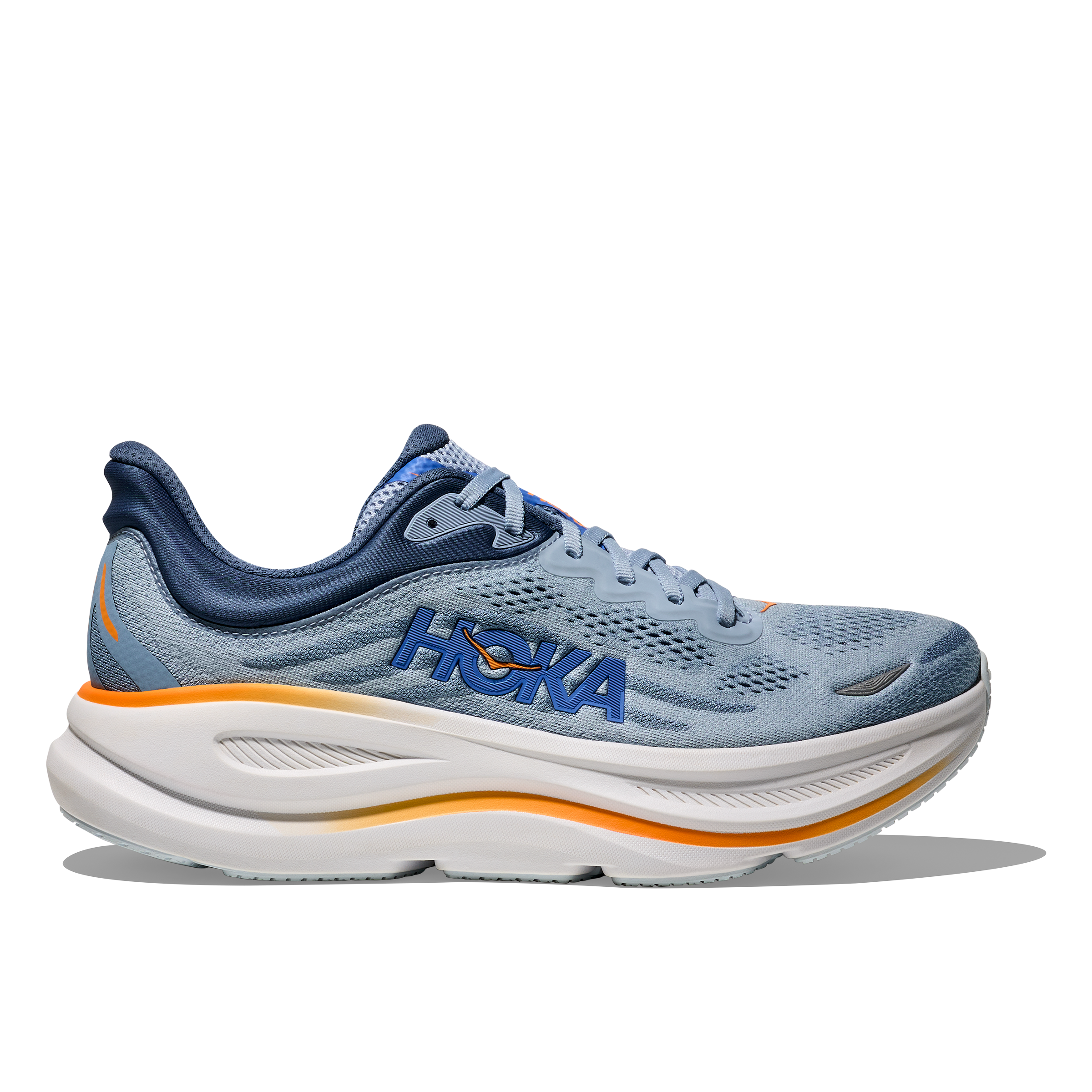Light blue Hoka Bondi running shoe with a thick white cushioned sole, orange accents, and navy blue branding.
