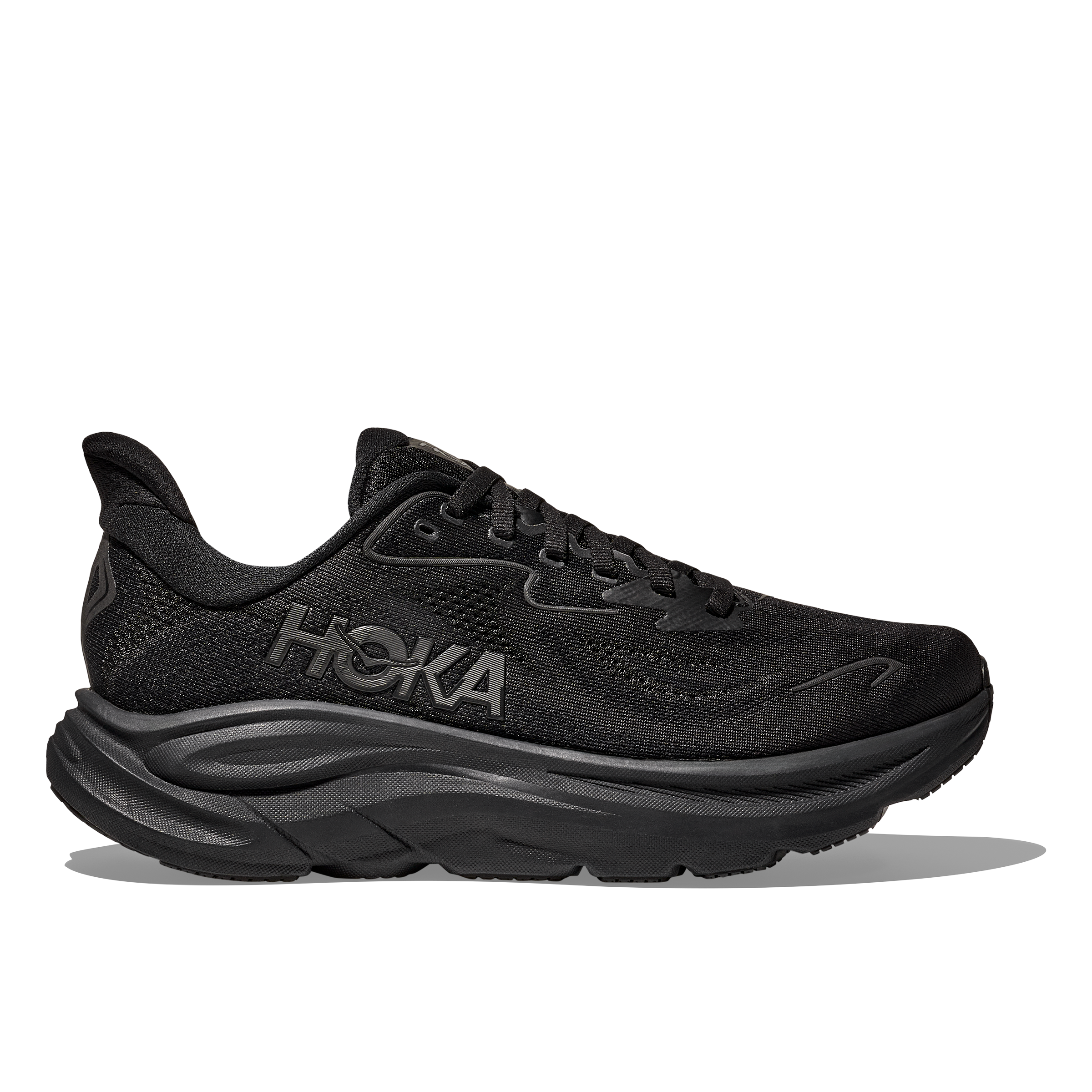 Triple black Hoka Clifton running shoe with a breathable mesh upper and a thick, cushioned foam sole.