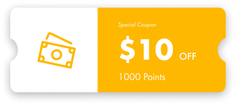 Yellow and white coupon displaying $10 off equivalent to 1000 points.