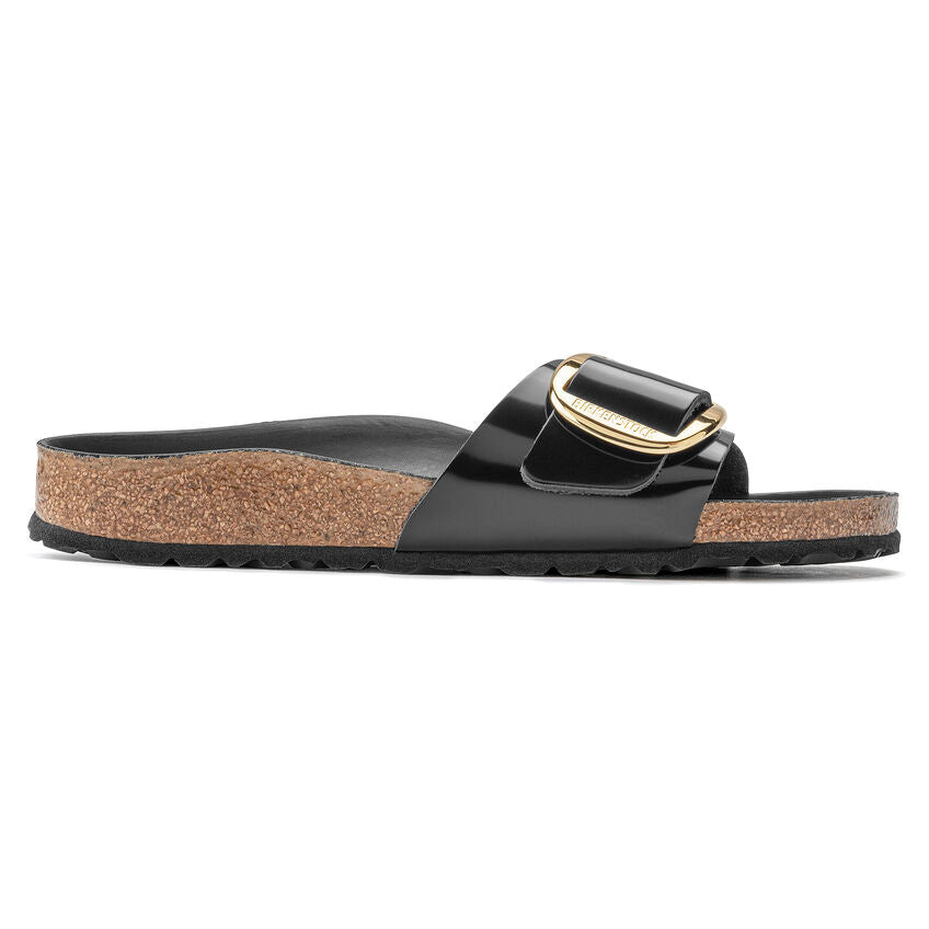 Birkenstock Madrid Big Buckle Natural Leather Patent in High Shine Black Women's Footwear
