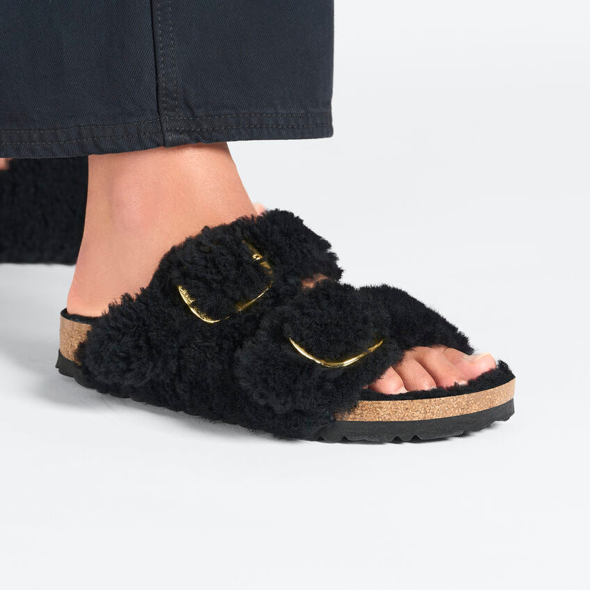 Birkenstock Arizona Big Buckle Shearling in Teddy Black Gold Women's Footwear