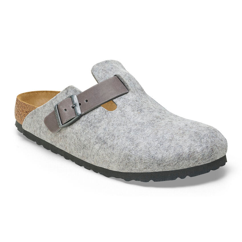 Birkenstock Boston Natural Leather/Felt in Light Grey Unisex Footwear
