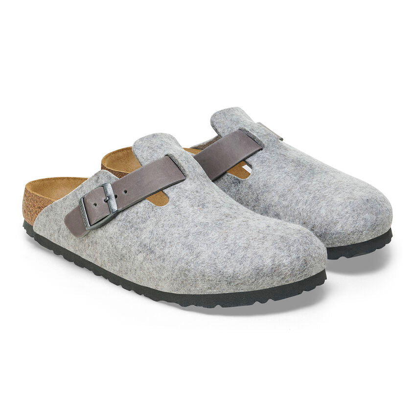 Birkenstock Boston Natural Leather/Felt in Light Grey Unisex Footwear