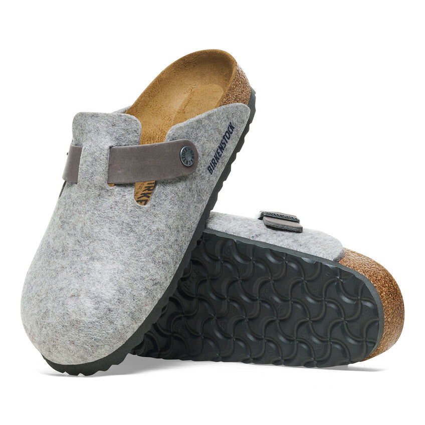 Birkenstock Boston Natural Leather/Felt in Light Grey Unisex Footwear
