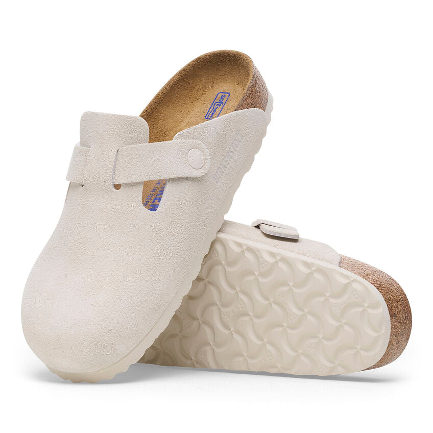 Birkenstock Boston Suede Leather Soft Footbed Clog in Antique White Unisex Footwear