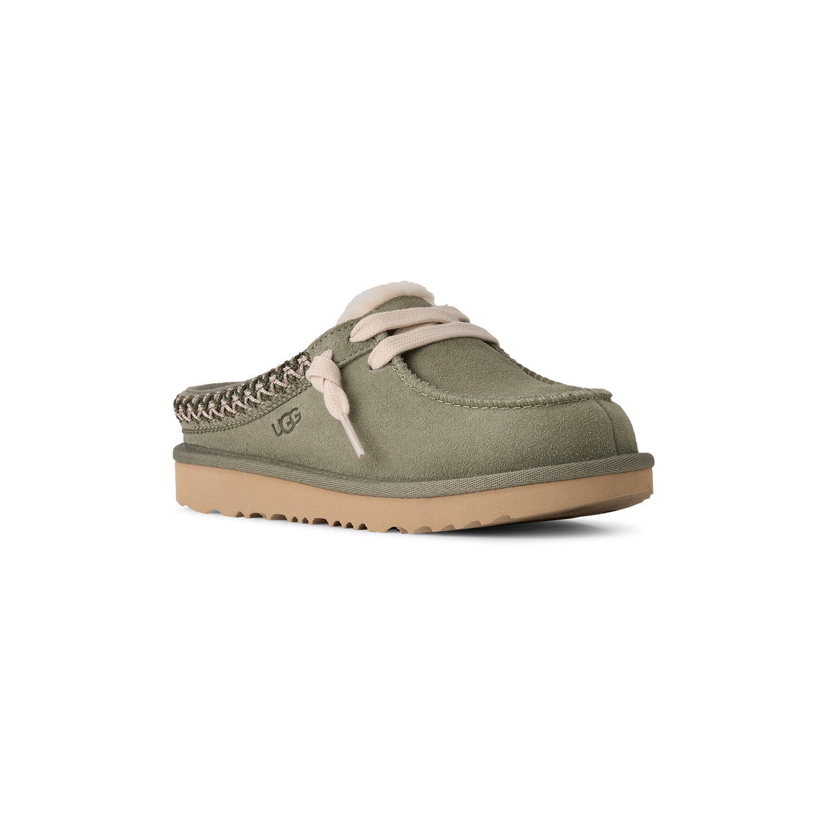 Olive green suede UGG kid's Tasman mule with UGGplush lining, decorative laces, and a sugarcane EVA outsole.