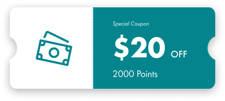 Green and white coupon displaying $20 off equivalent to 2000 points.