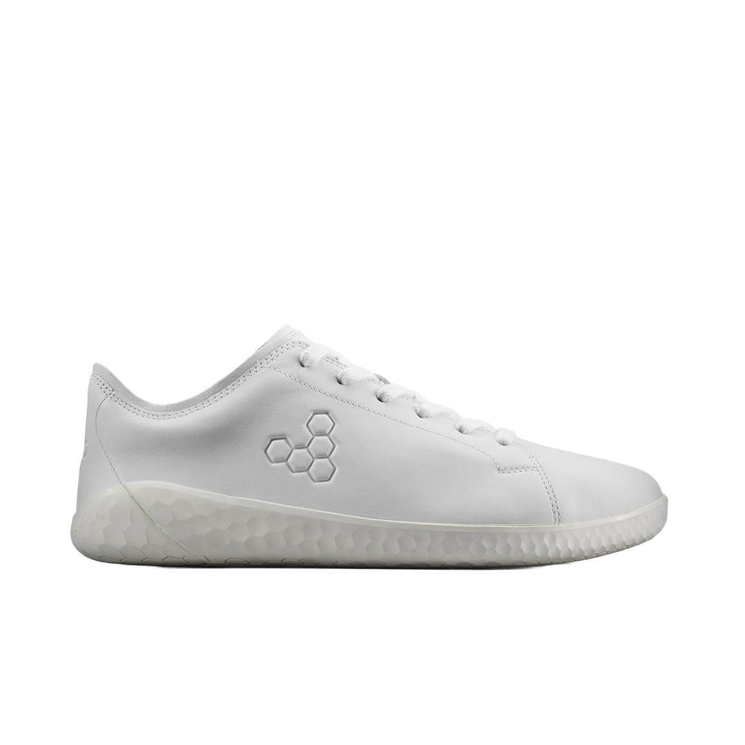 Vivobarefoot Women's Geo Court IV sneaker in bright white chrome-free leather with a textured barefoot outsole.