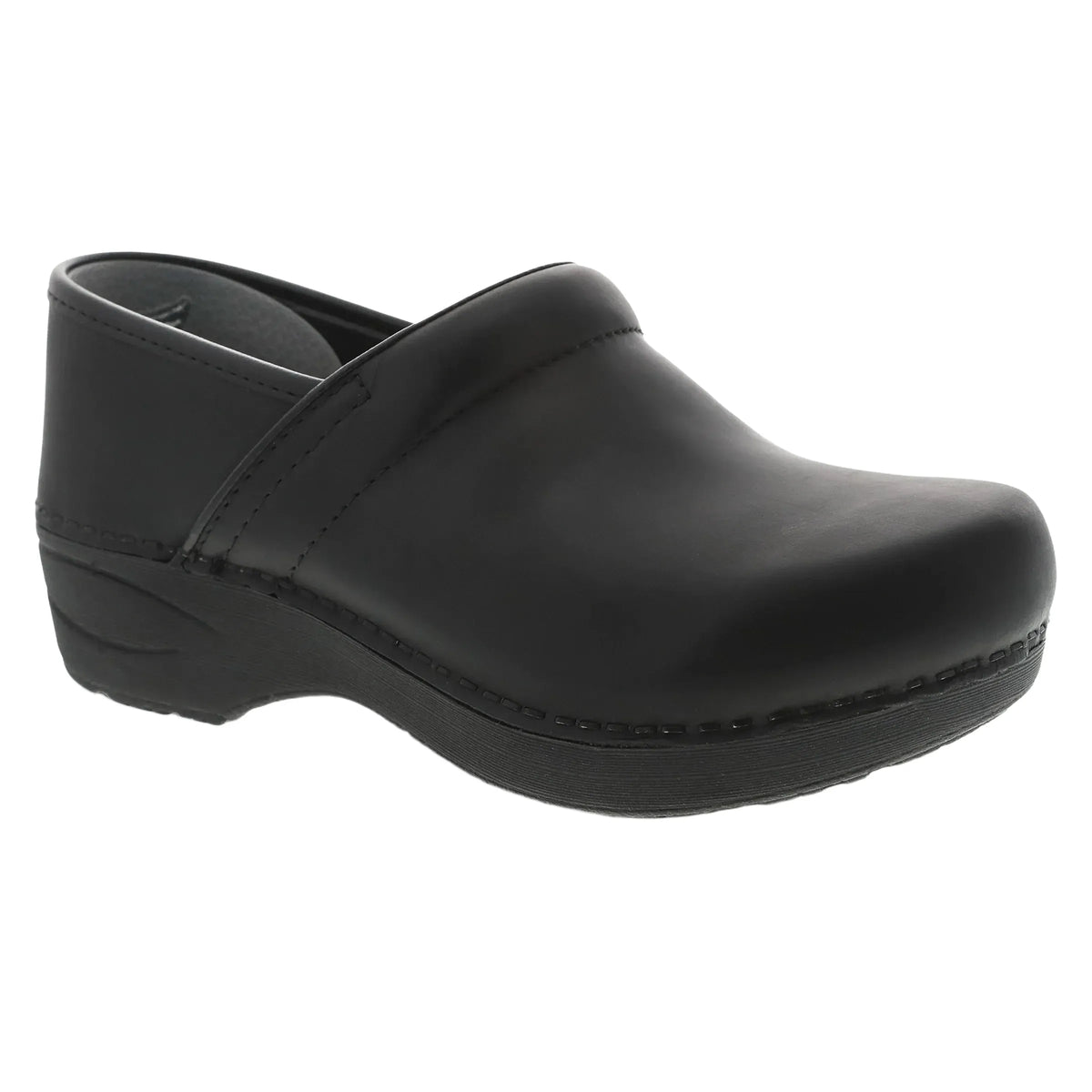 Dansko Women's XP 2.0 wide waterproof black leather clog with a slip-resistant rubber outsole.