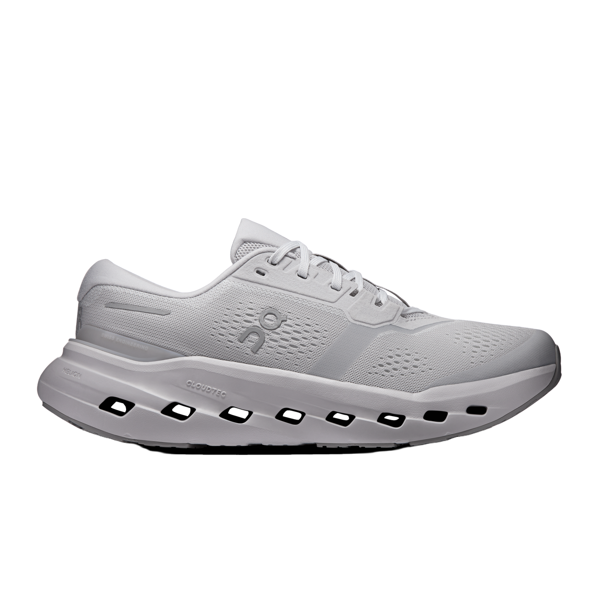 On Running Men's Cloudrunner 3 in glacier and alloy, featuring Helion superfoam, CloudTec cushioning, and breathable mesh.