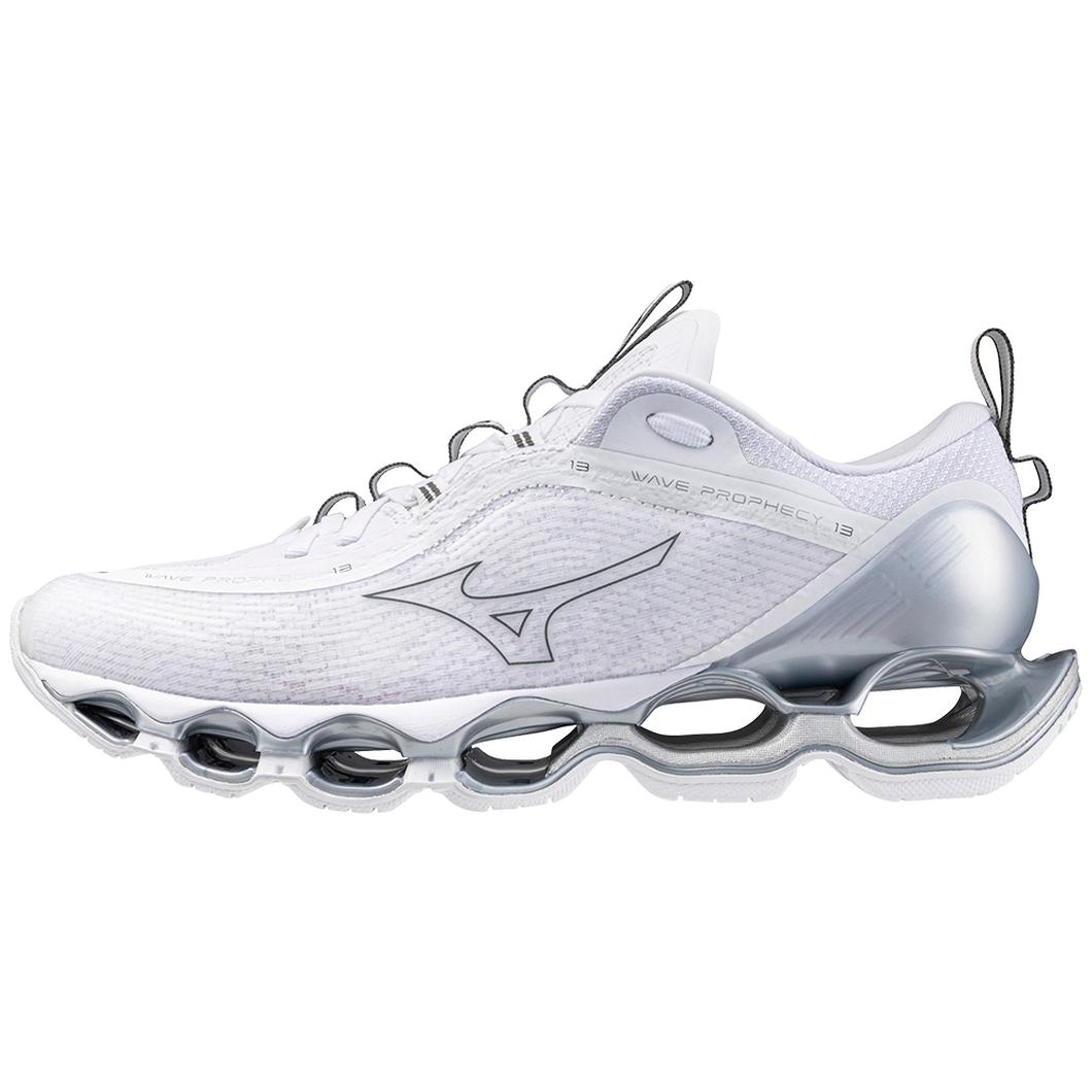 Mizuno Women's Wave Prophecy 13 in White Metallic Grey Women's Footwear