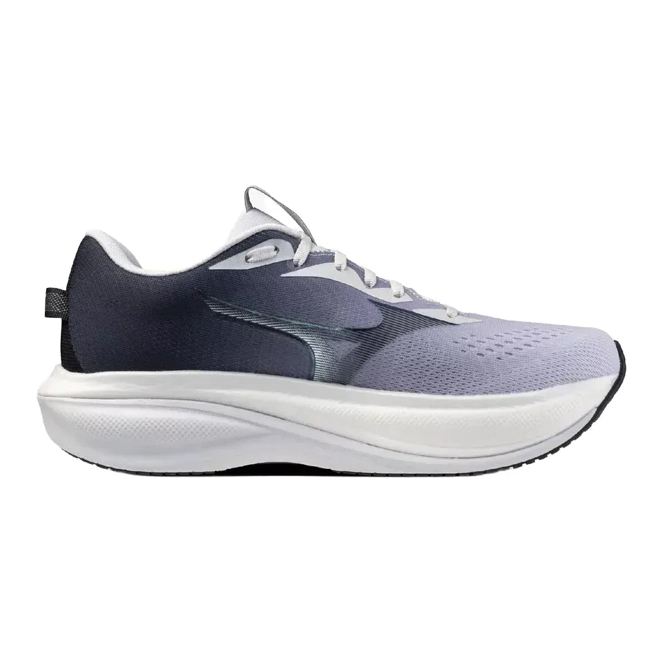 Mizuno Wave Rider 30 running shoe in grey and navy engineered mesh with a thick white cushioned midsole and side logo.