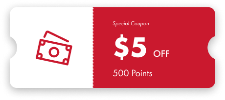 Red and white coupon displaying $5 off equivalent to 500 points.