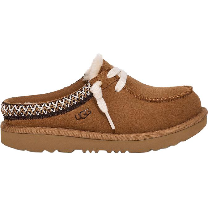 Tan suede UGG Kid's Tasman mule with UGGbraid trim, white cotton laces, and a comfortable sugarcane EVA outsole.