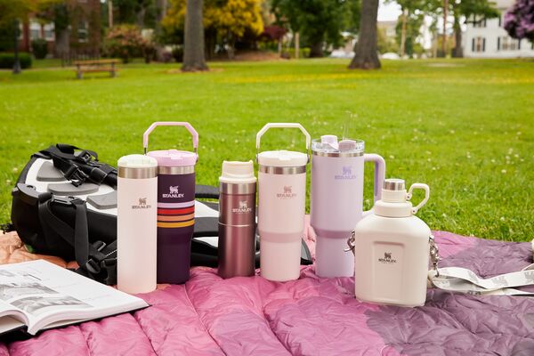 A pink picnic blanket laid on grass, displaying Stanley tumblers and a black
backpack.