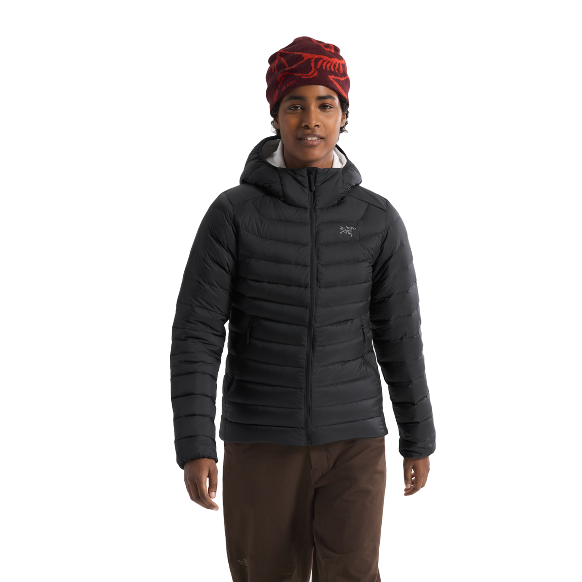 Person wearing a black Arc'teryx Cerium down hoody with a technical quilted design and an insulated StormHood.