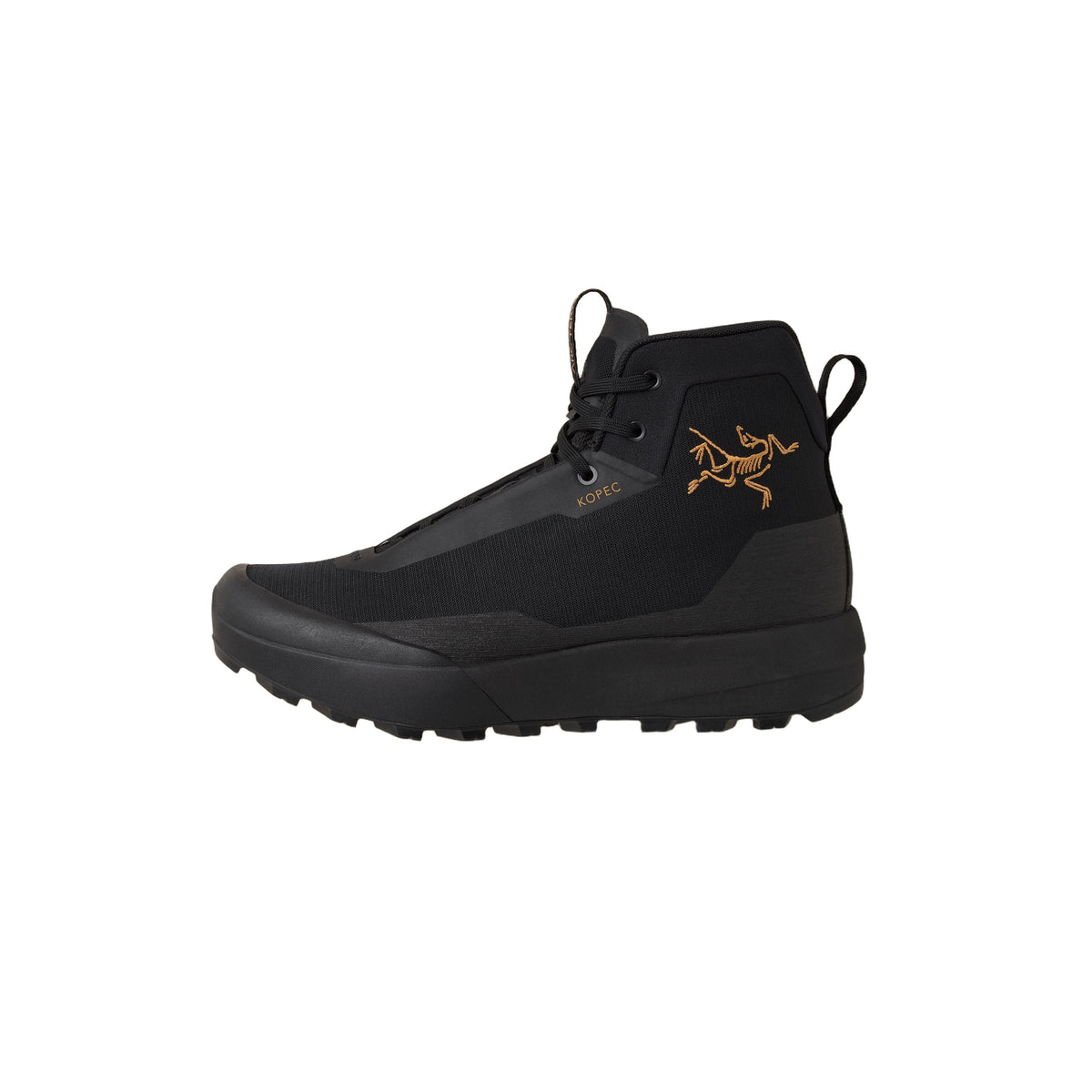 Arc'teryx Kopec 2 Mid GTX hiking boot in black with gold logo, featuring a waterproof GORE-TEX upper and Vibram outsole.