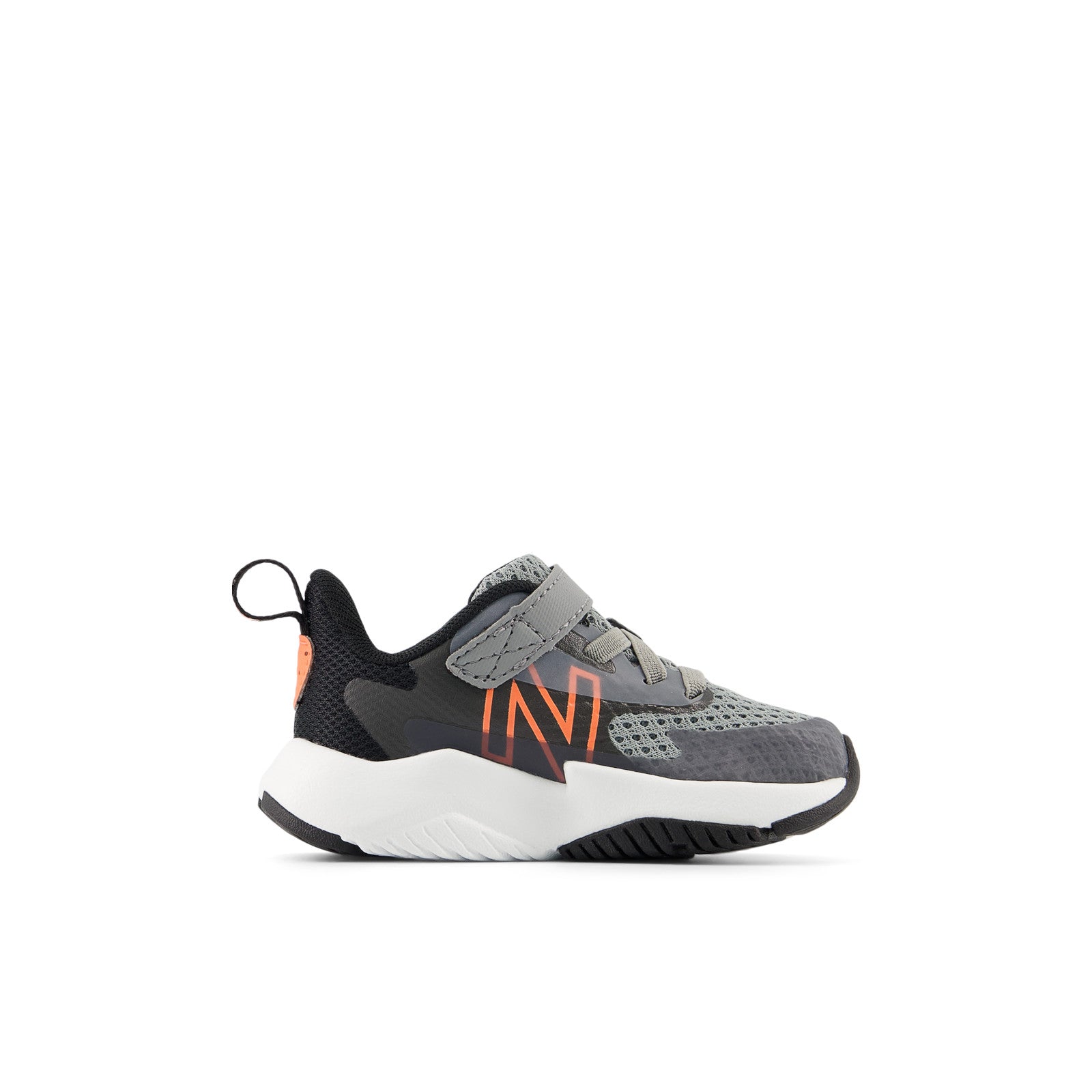 New Balance Kid's Rave Run v2 Bungee Lace with Top Strap in Slate Grey with Black and Tangerine Heat
