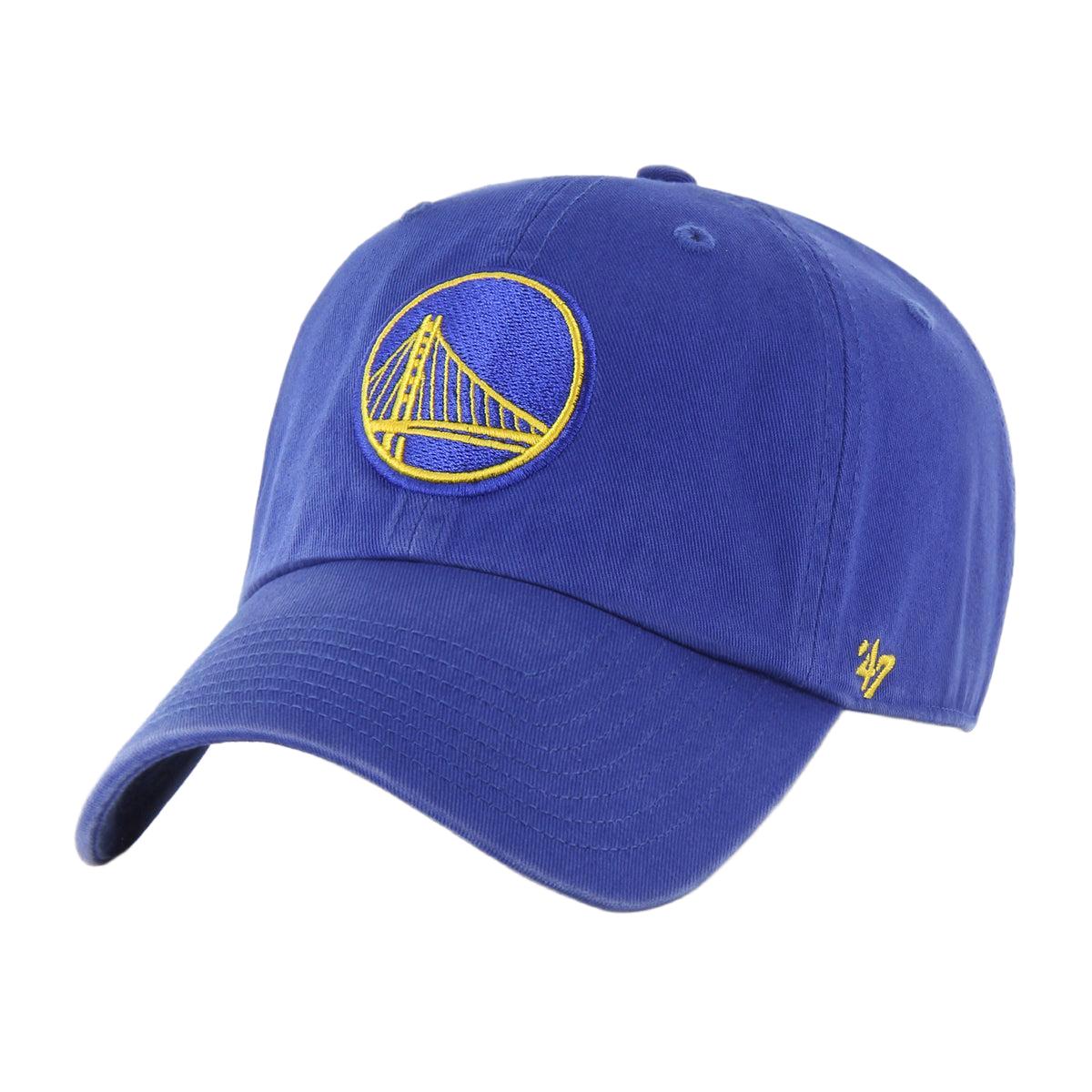 Royal blue Golden State Warriors '47 Clean Up hat in garment-washed cotton twill with raised team logo embroidery.