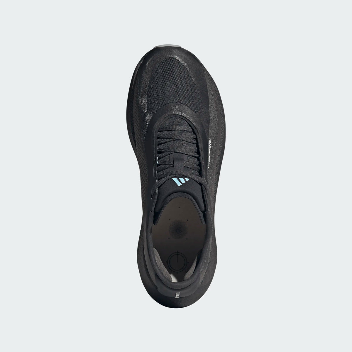 Top view of black Adidas Hyperboost Edge Hermanos Koumori running sneakers with mesh upper and subtle blue logo detailing.