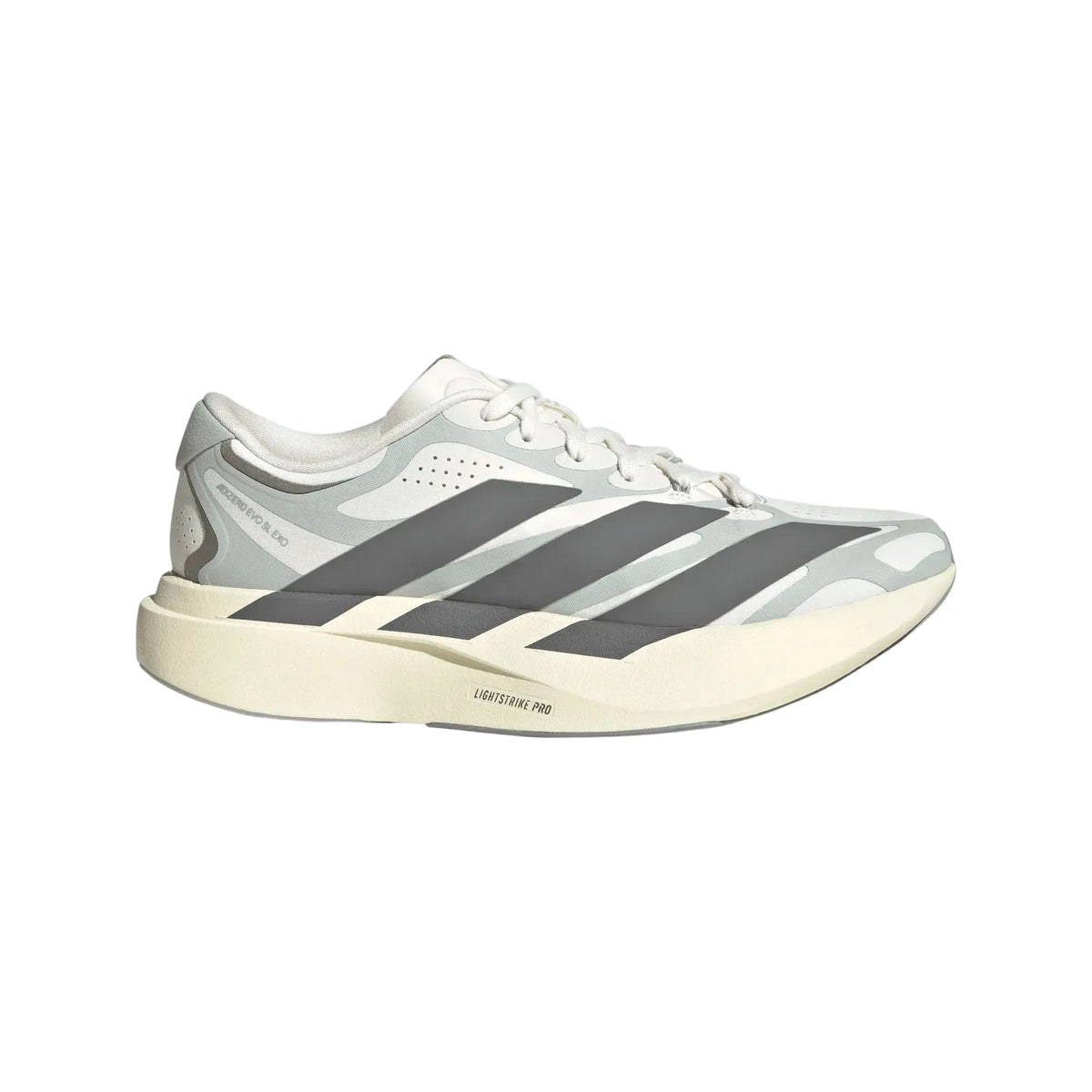Adidas Adizero EVO SL EXO women's running shoe in white and grey with a thick LightstrikePro cushioned sole.