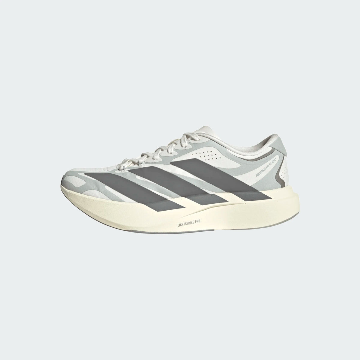 Adidas Adizero EVO SL EXO running shoe in white and grey with a thick, cushioned LightstrikePro midsole.