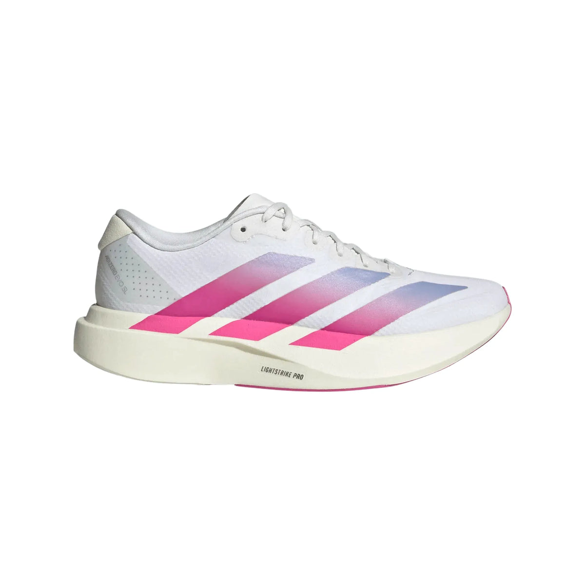 Adidas Women's Adizero EVO SL running shoe in white with pink and blue gradient stripes and a thick Lightstrike Pro midsole.