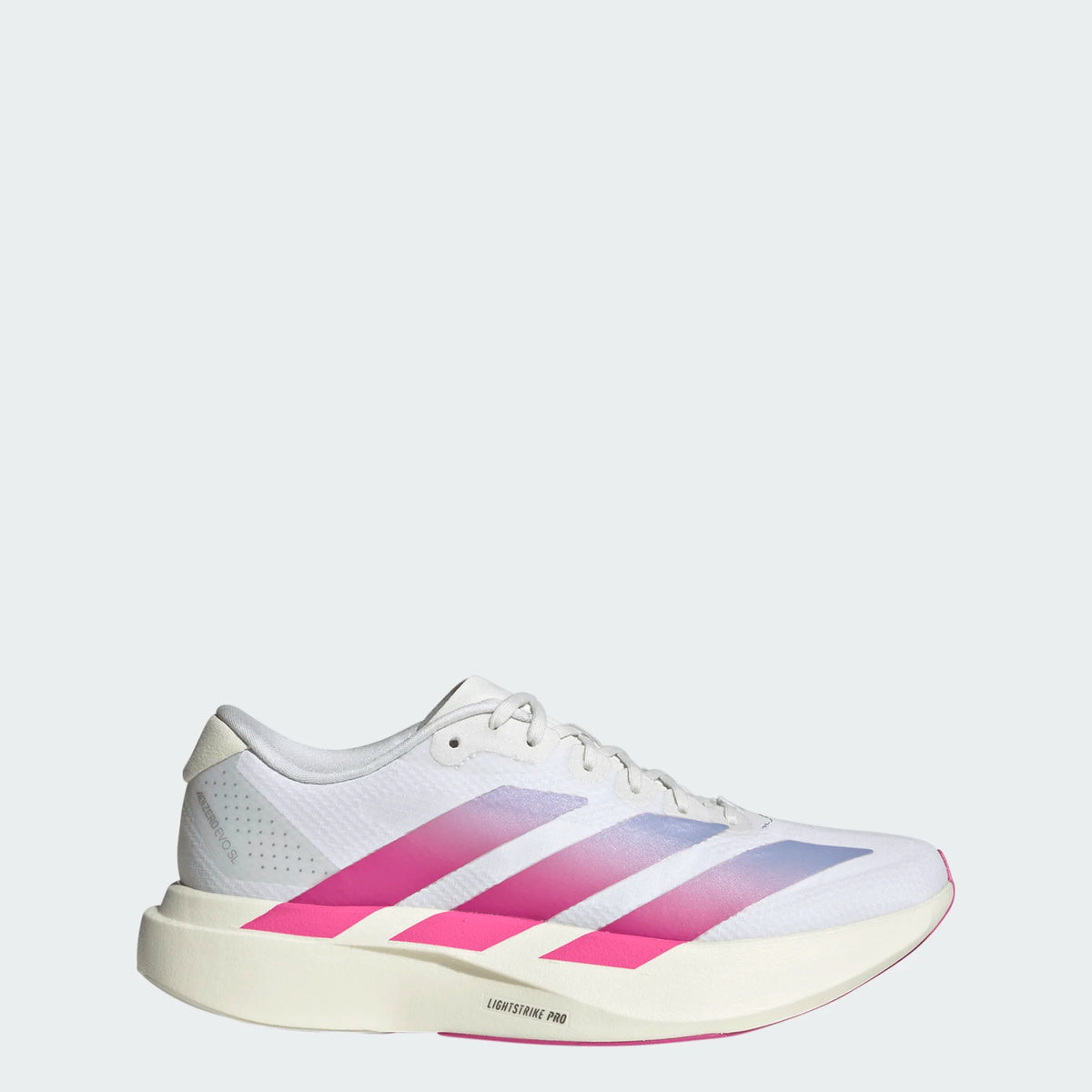 Adidas Women's Adizero EVO SL running shoe in white with a pink and blue gradient three-stripe design and thick foam sole.