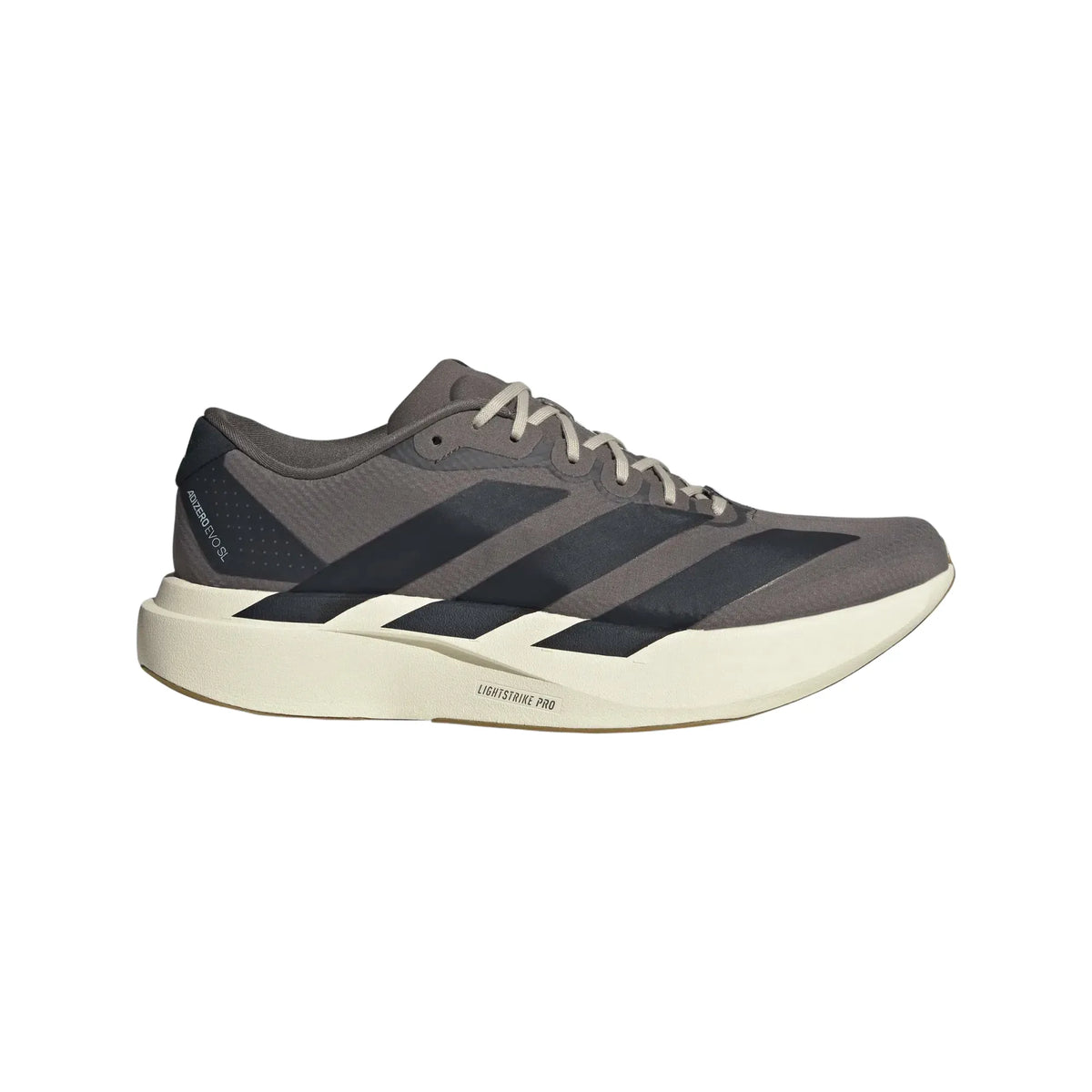 Adidas Adizero EVO SL running shoe in grey with black stripes and a thick, cream-colored Lightstrike Pro cushioned midsole.