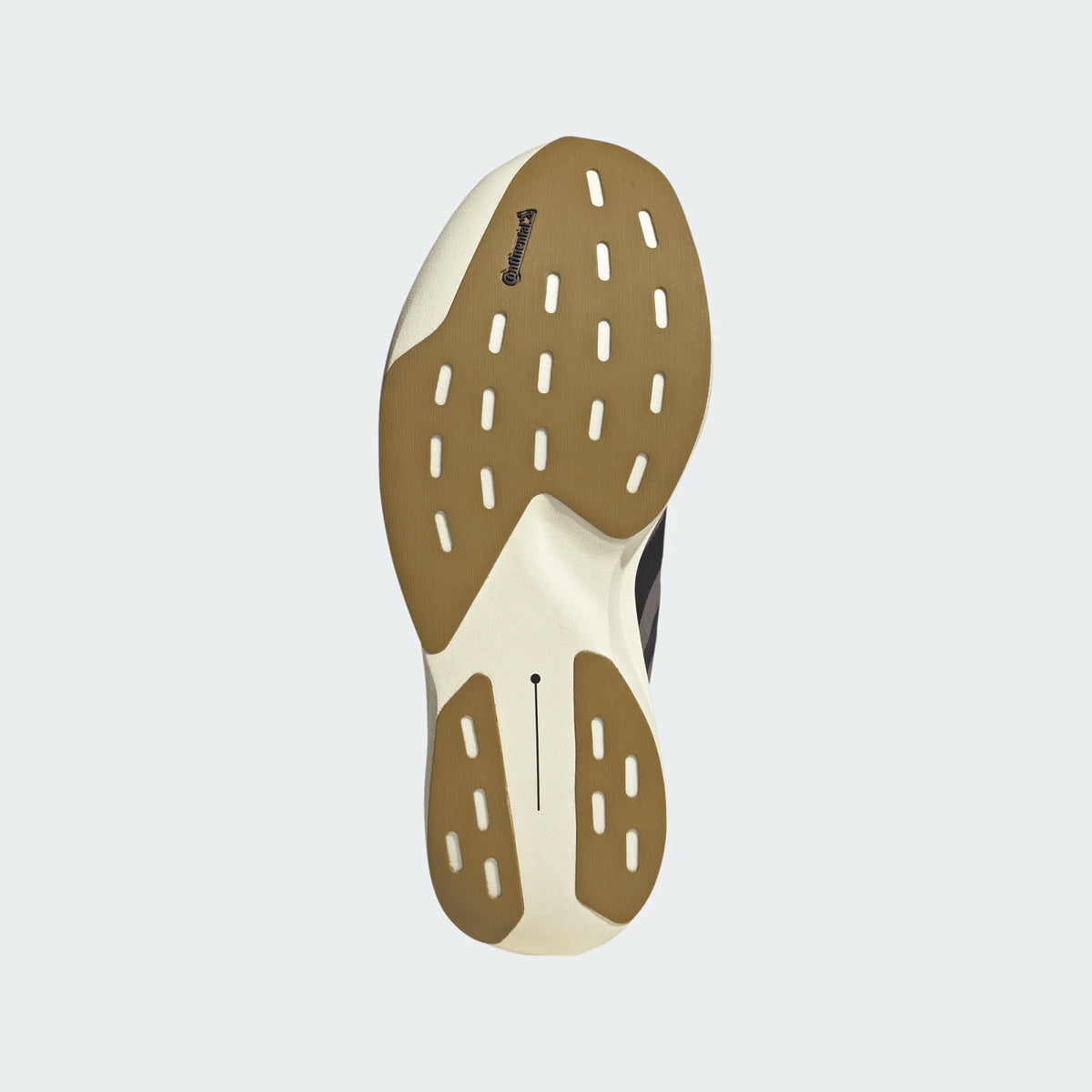 Bottom view of Adidas Adizero EVO SL running shoe featuring a tan Continental rubber outsole and white foam midsole.