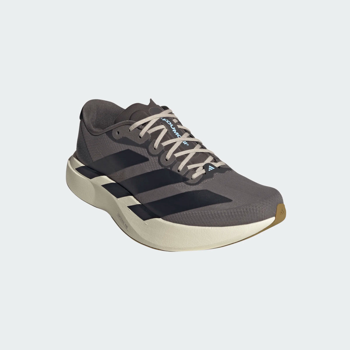 Adidas Adizero EVO SL running shoe in grey with black three-stripe branding and a thick, cream-colored foam midsole.