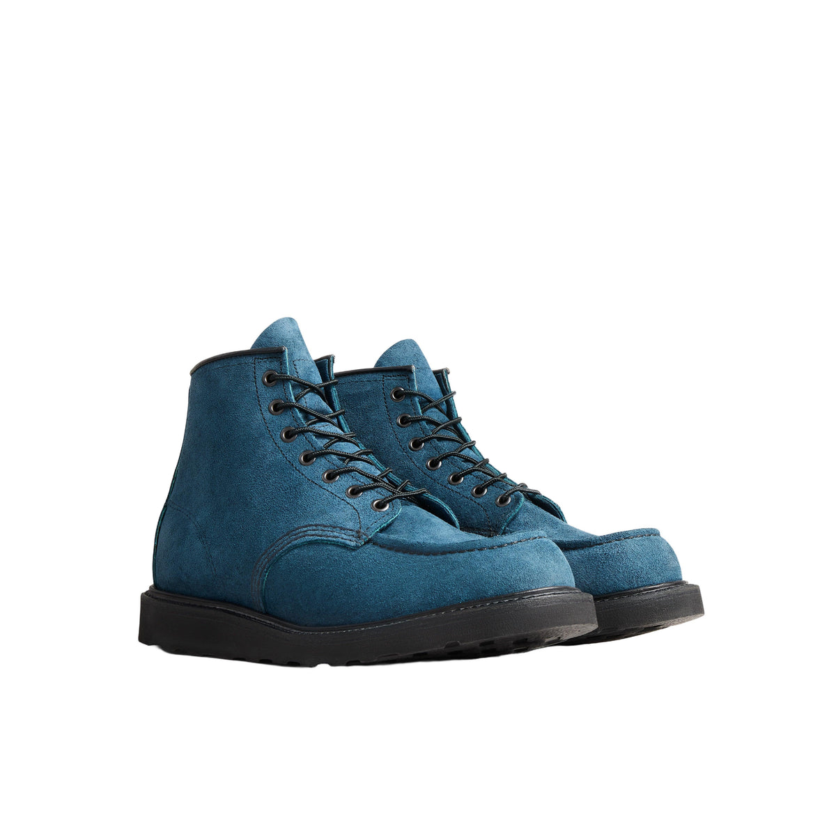 Red Wing 6-inch Classic Moc boot in Tidal Muleskinner blue roughout leather with black laces and Traction Tred outsole.