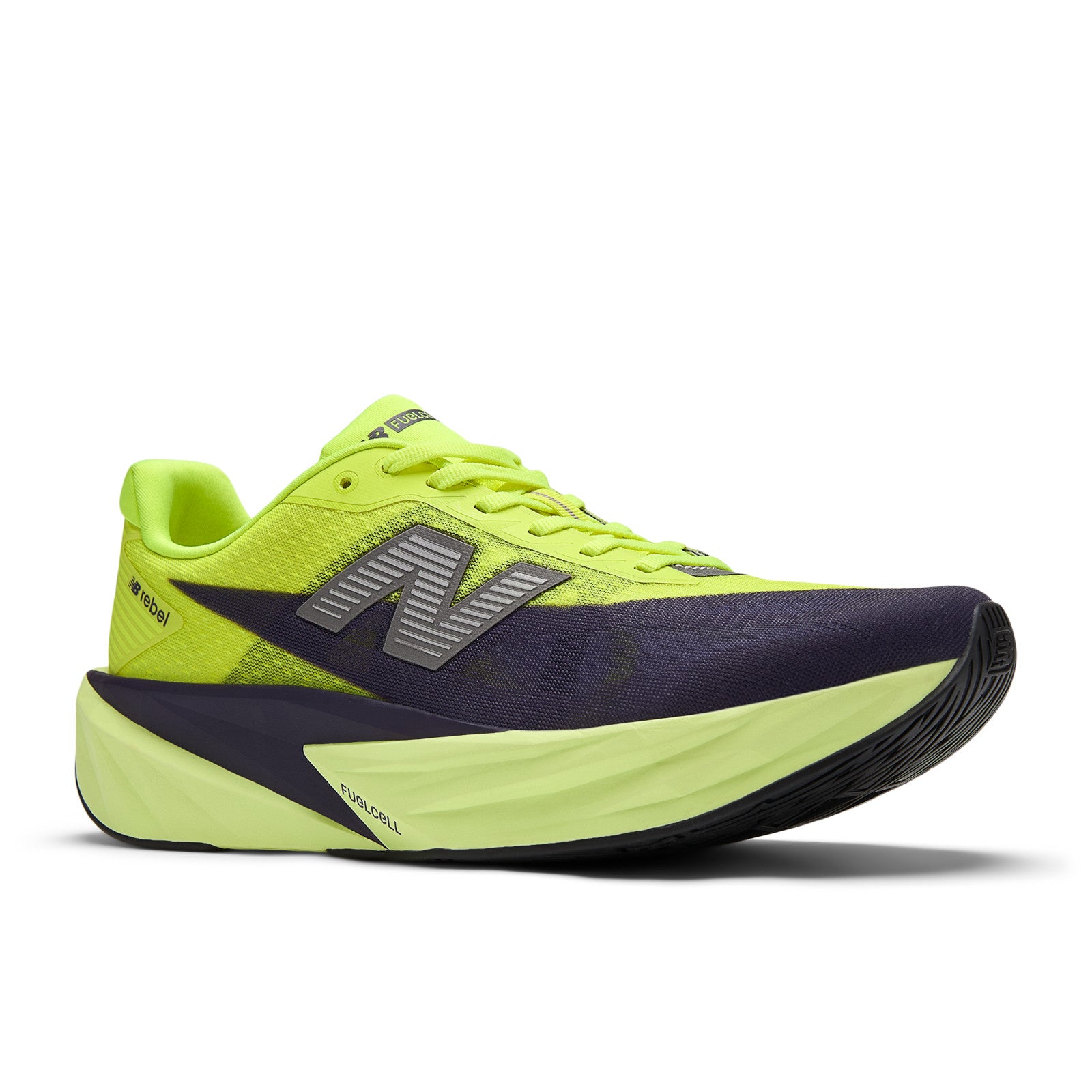 New Balance Men's FuelCell Rebel v5 in Alkaline Green with Boysenberry and Dark Silver Metallic