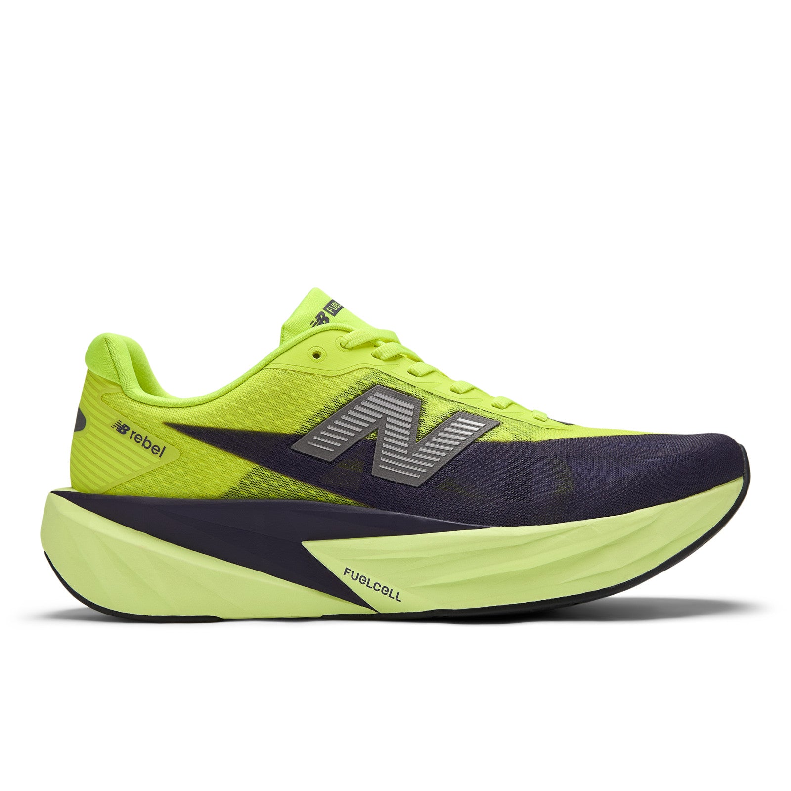 New Balance Men's FuelCell Rebel v5 in Alkaline Green with Boysenberry and Dark Silver Metallic