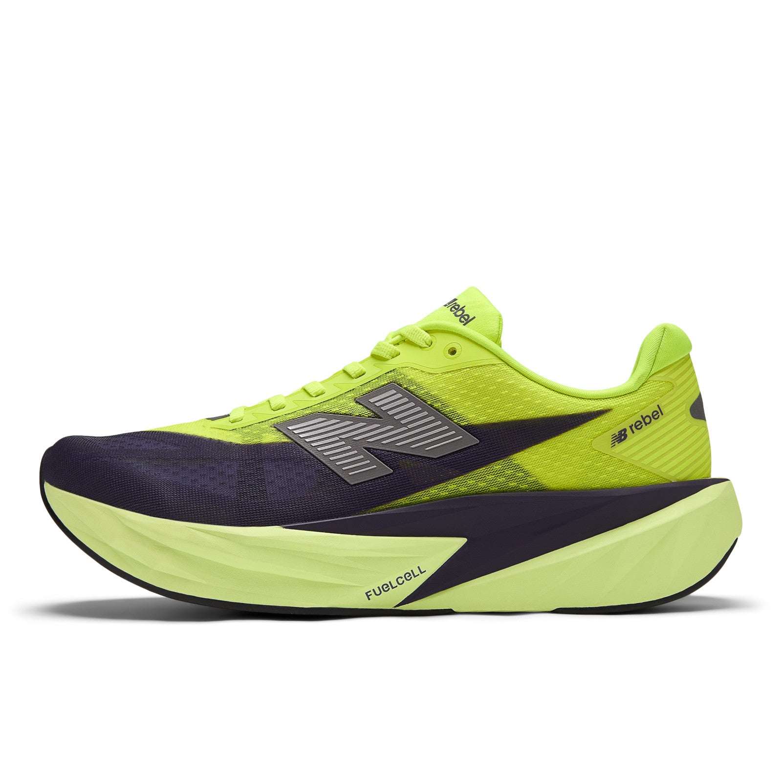 New Balance Men's FuelCell Rebel v5 in Alkaline Green with Boysenberry and Dark Silver Metallic