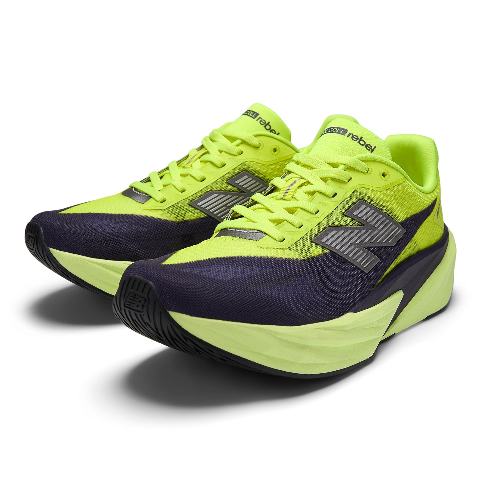 New Balance Men's FuelCell Rebel v5 in Alkaline Green with Boysenberry and Dark Silver Metallic
