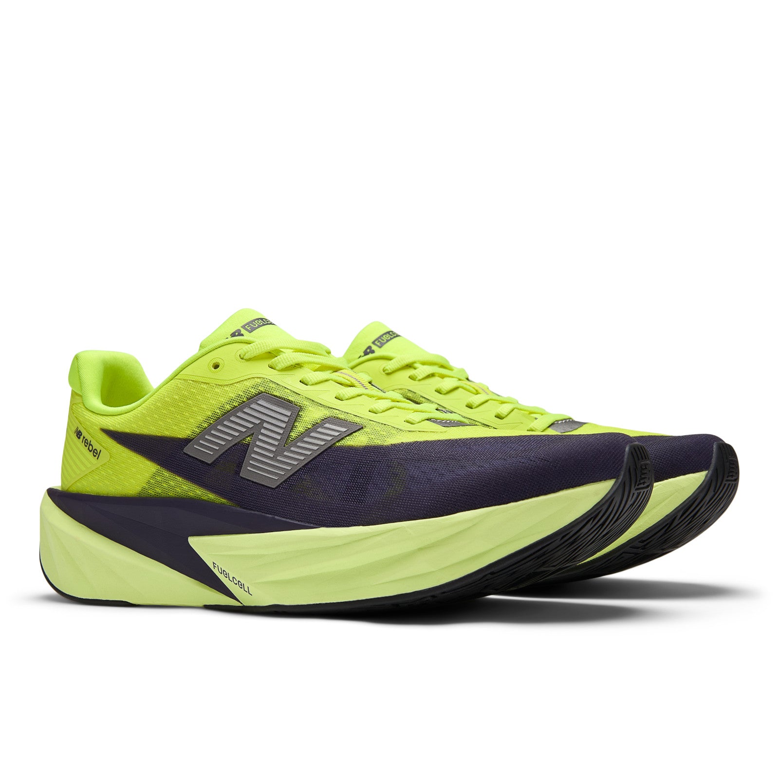 New Balance Men's FuelCell Rebel v5 in Alkaline Green with Boysenberry and Dark Silver Metallic