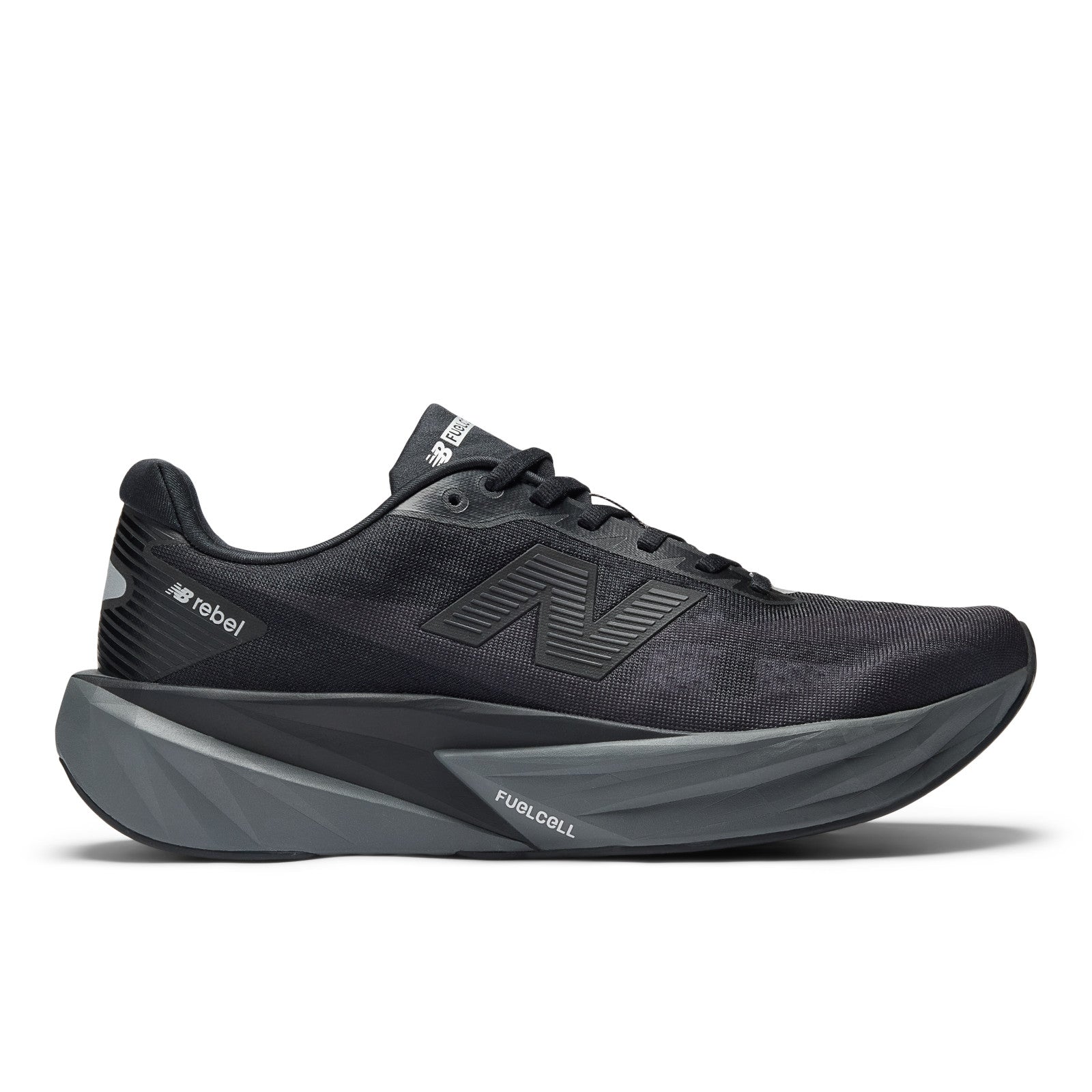 New Balance Men's FuelCell Rebel v5 in Black with Castlerock and Silver Metallic