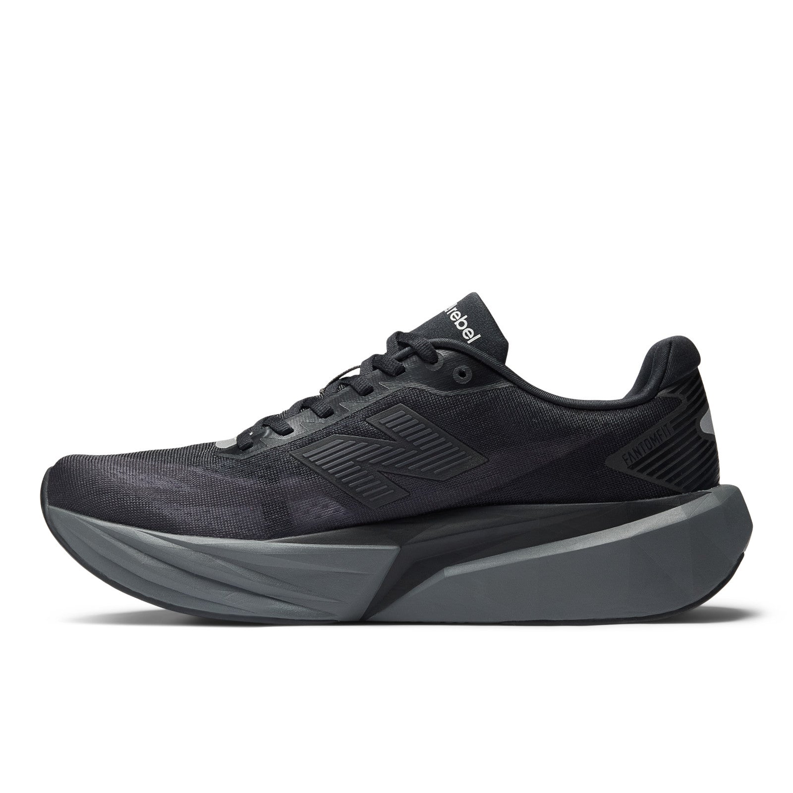 New Balance Men's FuelCell Rebel v5 in Black with Castlerock and Silver Metallic