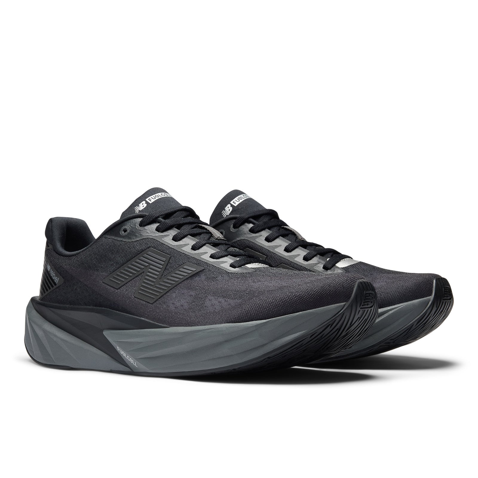 New Balance Men's FuelCell Rebel v5 in Black with Castlerock and Silver Metallic