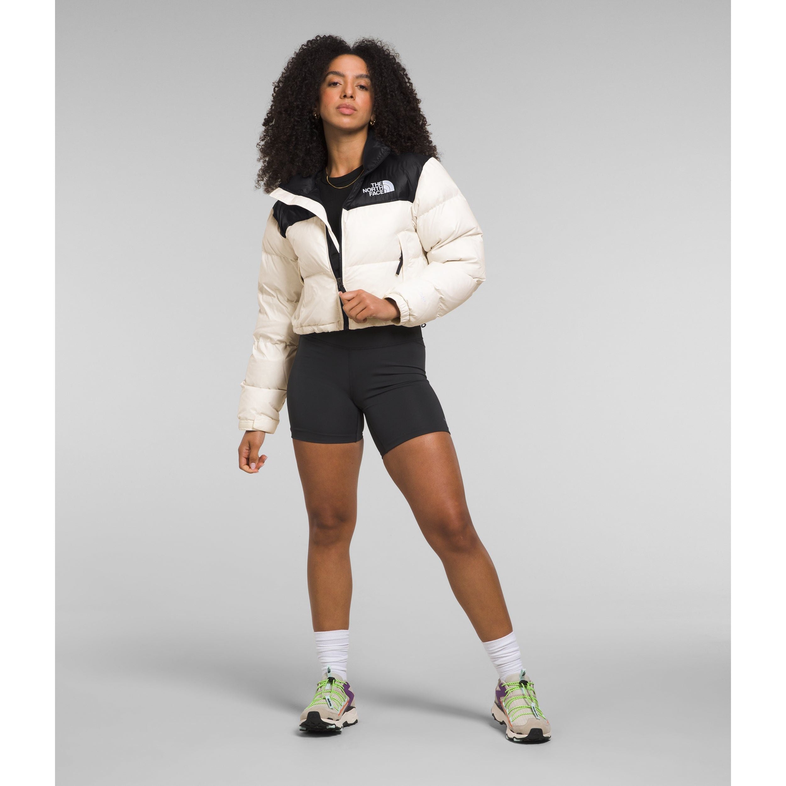 The North Face Women's Nuptse Short Jacket in Gardenia White Black Coats & Jackets