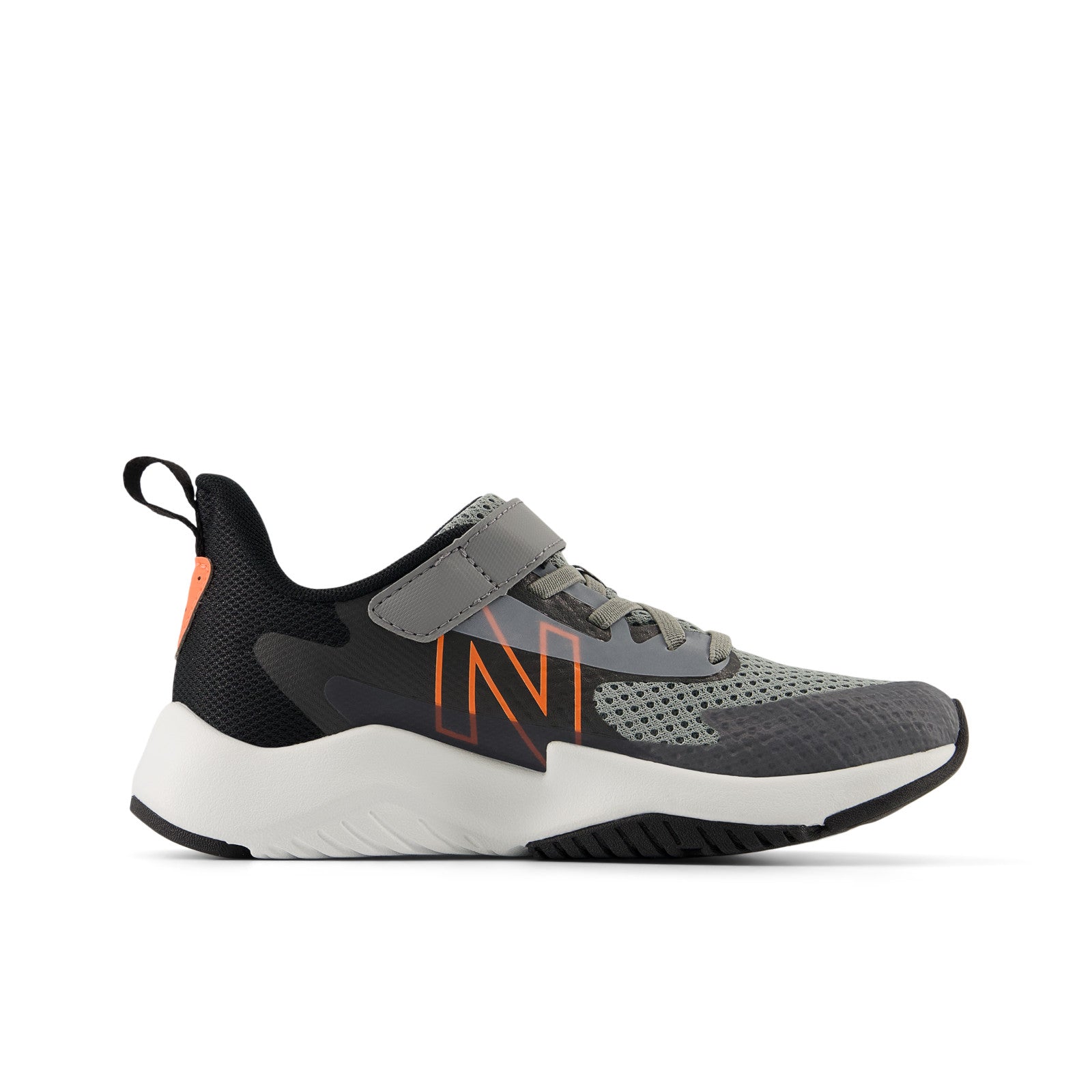 New Balance Kid's Rave Run v2 Bungee Lace with Top Strap in Slate Grey with Black and Tangerine Heat