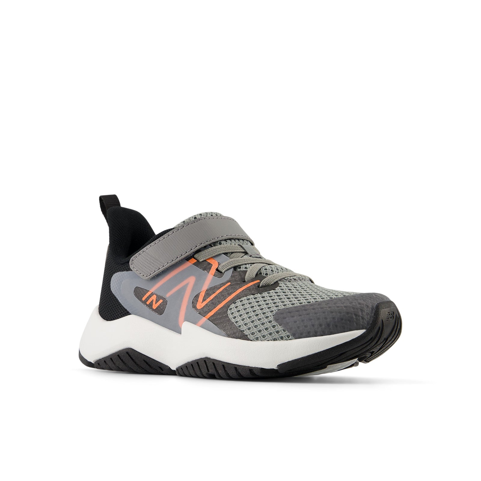 New Balance Kid's Rave Run v2 Bungee Lace with Top Strap in Slate Grey with Black and Tangerine Heat