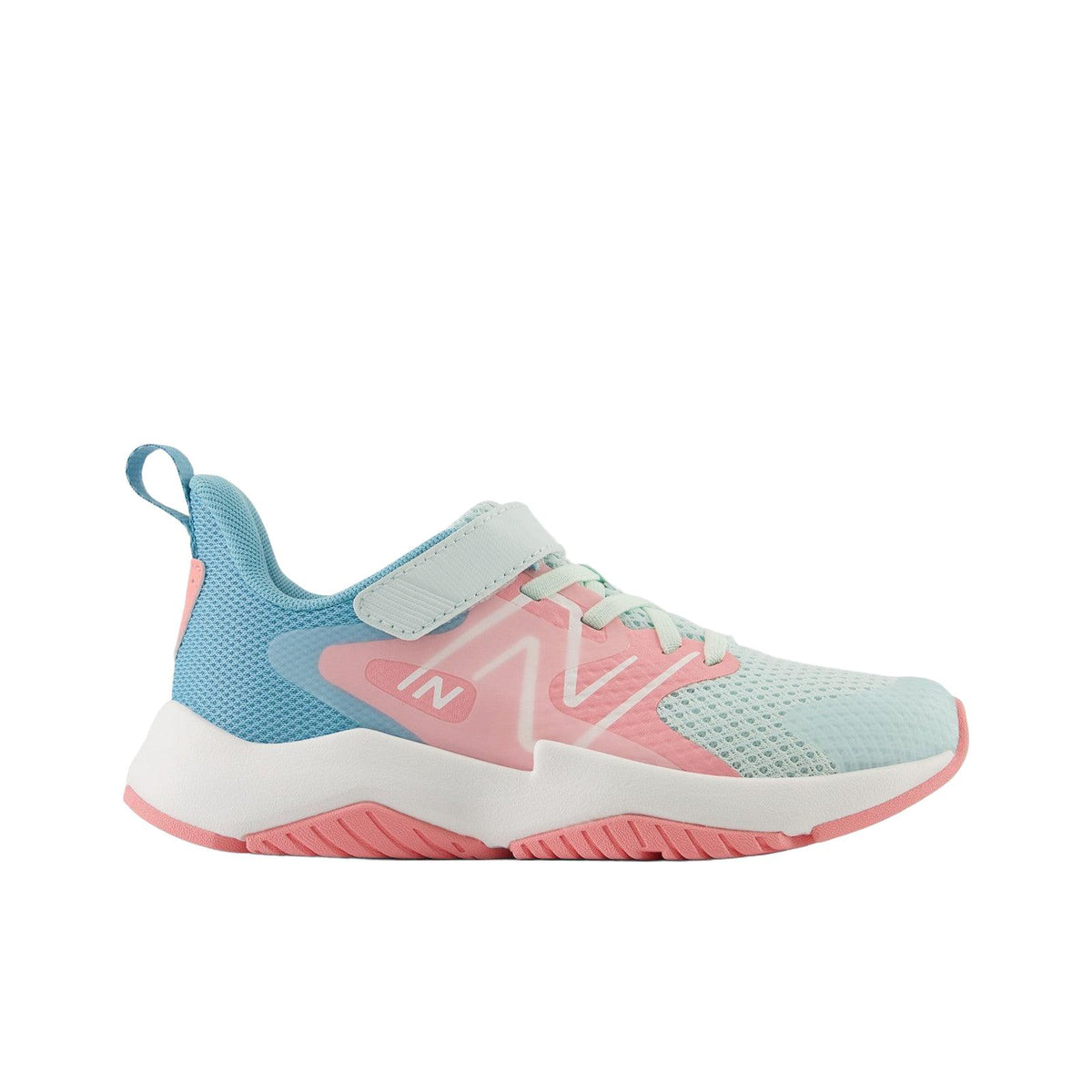New Balance Kid's Rave Run v2 Bungee Lace with Top Strap in Glint Blue with Double Bubble and Taffy Blue