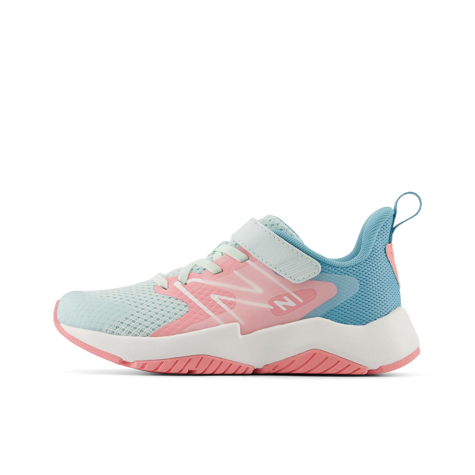 New Balance Kid's Rave Run v2 Bungee Lace with Top Strap in Glint Blue with Double Bubble and Taffy Blue