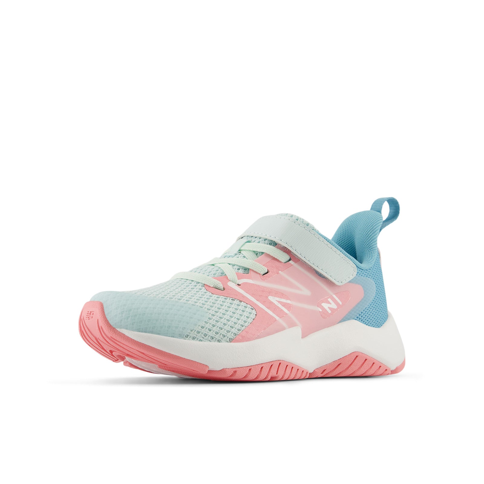 New Balance Kid's Rave Run v2 Bungee Lace with Top Strap in Glint Blue with Double Bubble and Taffy Blue