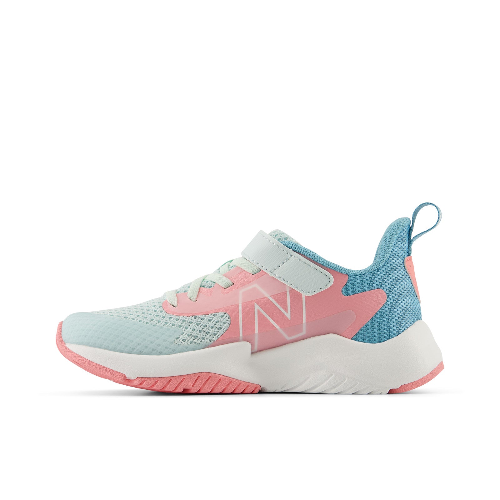 New Balance Kid's Rave Run v2 Bungee Lace with Top Strap in Glint Blue with Double Bubble and Taffy Blue