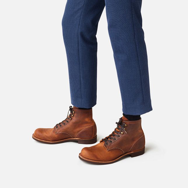 Red Wing Blacksmith 6-inch boots in copper rough and tough leather with flat waxed laces and a durable mini-lug outsole.