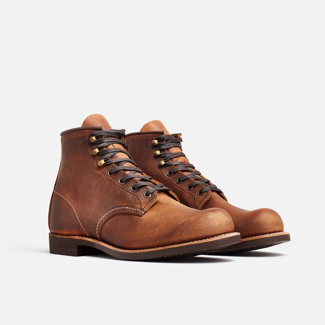 Red Wing Blacksmith 6-inch boots in Copper Rough & Tough leather with dark laces and a durable mini-lug outsole.